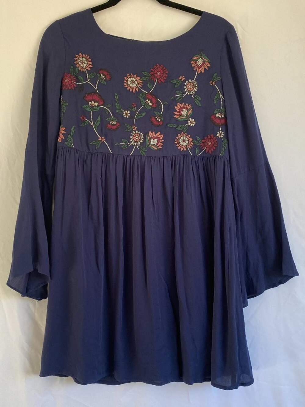 BB Dakota Bria Dress Embroidered Yoke Lace-Up Mini Dress Bell Sleeves Navy S
